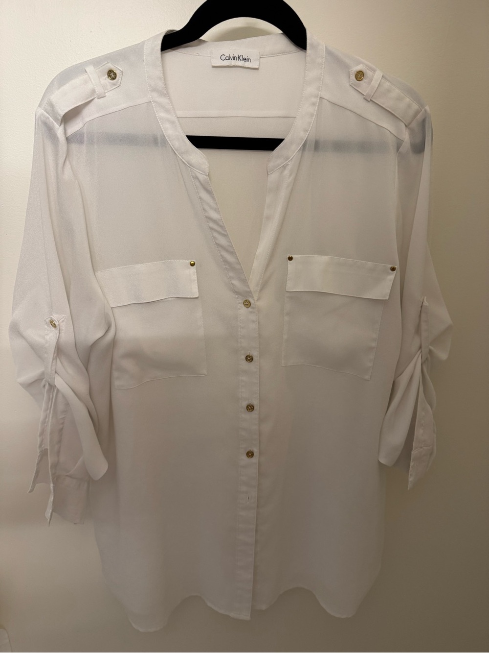 Calvin Klein White Split-Neck Button Front Blouse